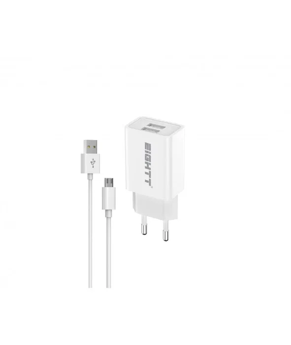 Eightt ECW-M Cargador de Pared 2 Puertos USB, 5V 2.4A, Cable Micro USB Incluido 1.2m, Blanco, Universal