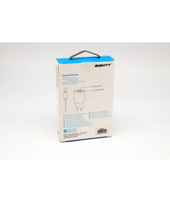 Eightt ECW-M Cargador de Pared 2 Puertos USB, 5V 2.4A, Cable Micro USB Incluido 1.2m, Blanco, Universal