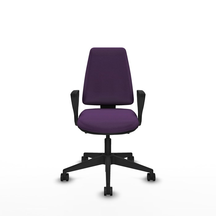 Silla de oficina Elche con mecanismo Asincro tapizada con Tela color Morado. Equipada con Base piramidal negra, Brazos fijos y Ruedas 65mm nailon Silla de oficina Elche con mecanismo Asincro tapizada con Tela color Morado. Equipada con Base piramidal negra, Brazos fijos y Ruedas 65mm nailon