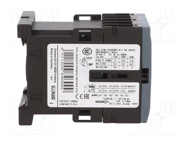 SIEMENS 3RT2017-1KB42 Contactor 3-polar 12A 24VDC