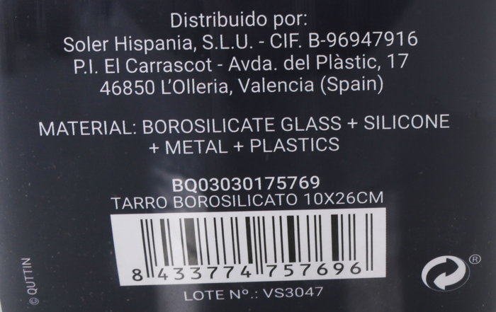 Quttin Tarro Borosilicato 10.1 cm x 26.3 cm (12 Unidades)