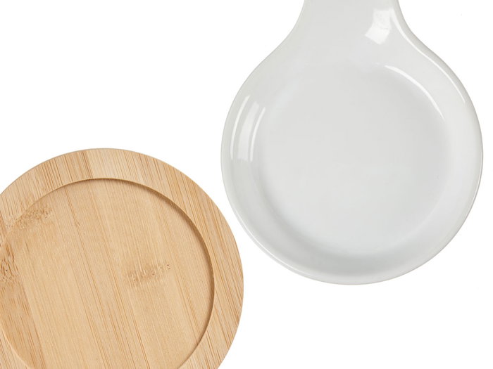 Vessia Bandeja Aperitivo con Cuchara de Cerámica y Base de Bambú, Blanca y Natural, 23.5x13x4 cm (Set de 24)