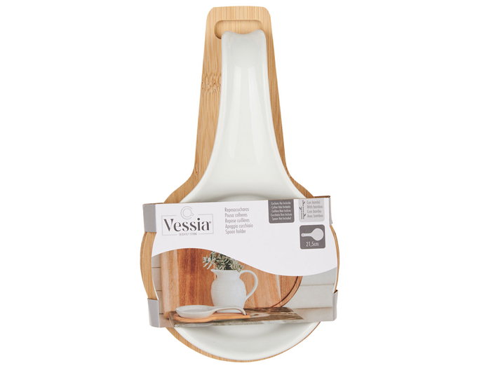 Vessia Bandeja Aperitivo con Cuchara de Cerámica y Base de Bambú, Blanca y Natural, 23.5x13x4 cm (Set de 24)