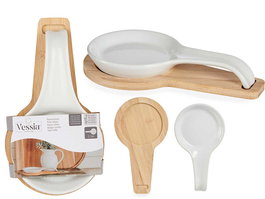 Vessia Bandeja Aperitivo con Cuchara de Cerámica y Base de Bambú, Blanca y Natural, 23.5x13x4 cm (Set de 24)