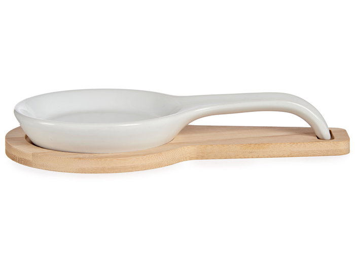 Vessia Bandeja Aperitivo con Cuchara de Cerámica y Base de Bambú, Blanca y Natural, 23.5x13x4 cm (Set de 24)