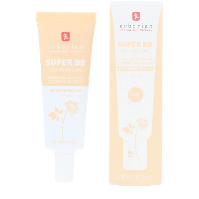 Erborian Super BB Au Ginseng Crema Anti-Imperfecciones con SPF 20 Color #Nude 40 ml - Tratamiento Maquillaje Cobertura Alta con Niacinamida para Piel con Acné