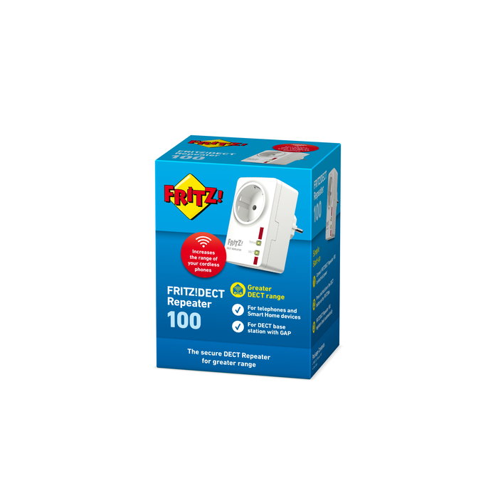 AVM FRITZ!DECT Repeater 100 - Extensor Cobertura Telefonía DECT, HD, GAP, Compacto para Enchufe, 40m/300m Alcance, 10A, 3 Llamadas Simul.
