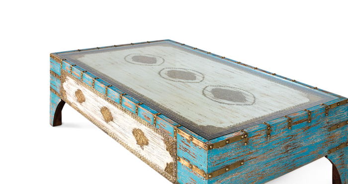 GINER Y COLOMER Mesa de Centro de Madera de Mango Azul y Blanco Envejecido 150 cm