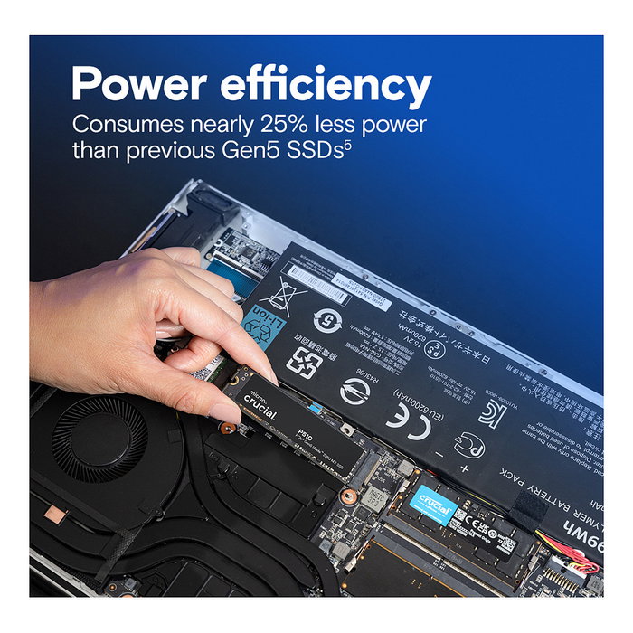 Crucial P510 SSD M.2 2TB PCIe Gen5 NVMe, velocidad lectura 10000 MB/s y escritura 8700 MB/s, 2280, 1500000 IOPS