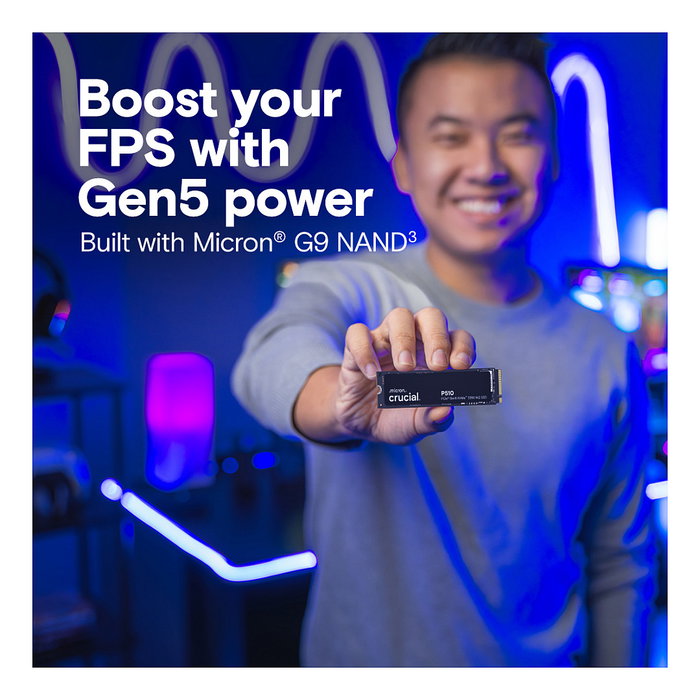 Crucial P510 SSD M.2 2TB PCIe Gen5 NVMe, velocidad lectura 10000 MB/s y escritura 8700 MB/s, 2280, 1500000 IOPS