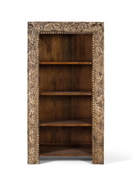 GINER Y COLOMER Librería de Madera de Mango con Acabado Envejecido y Moldura Tallada a Mano, 183 cm de Alto, 4 Estantes, Diseño Étnico y Artesanal