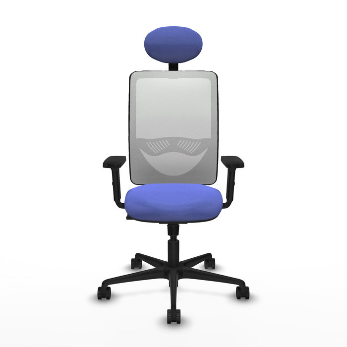 Silla de oficina Zulema con mecanismo Sincro tapizada con Tela color Azul claro y malla color Blanco. Equipada con lumbar 1D, Brazos 2D, Cabecero Fijo y Ruedas 65mm nailon