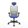 Silla de oficina Zulema con mecanismo Sincro tapizada con Tela color Azul claro y malla color Blanco. Equipada con lumbar 1D, Brazos 2D, Cabecero Fijo y Ruedas 65mm nailon