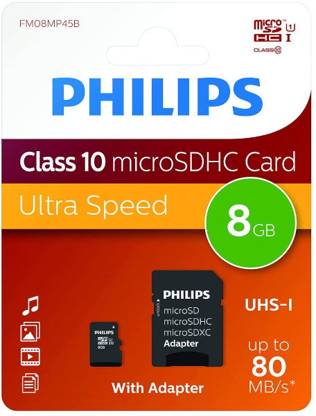 Philips MicroSDHC 8 GB Clase 10 UHS-I U1 con adaptador Philips MicroSDHC 8 GB Clase 10 UHS-I U1 con adaptador