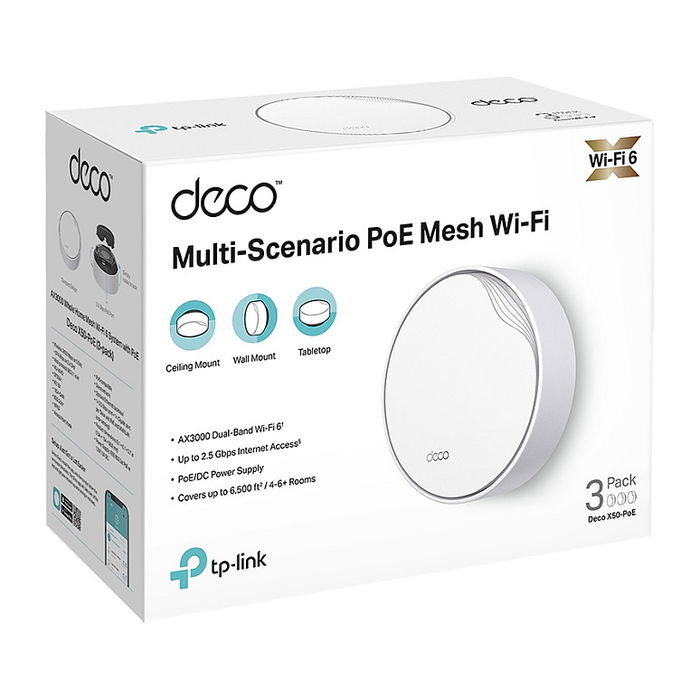 TP-Link DECO X50-PoE Sistema de Malla WiFi 6 (3-PACK) - Cobertura 600m², Doble Banda 2.4GHz/5GHz, Tecnología PoE