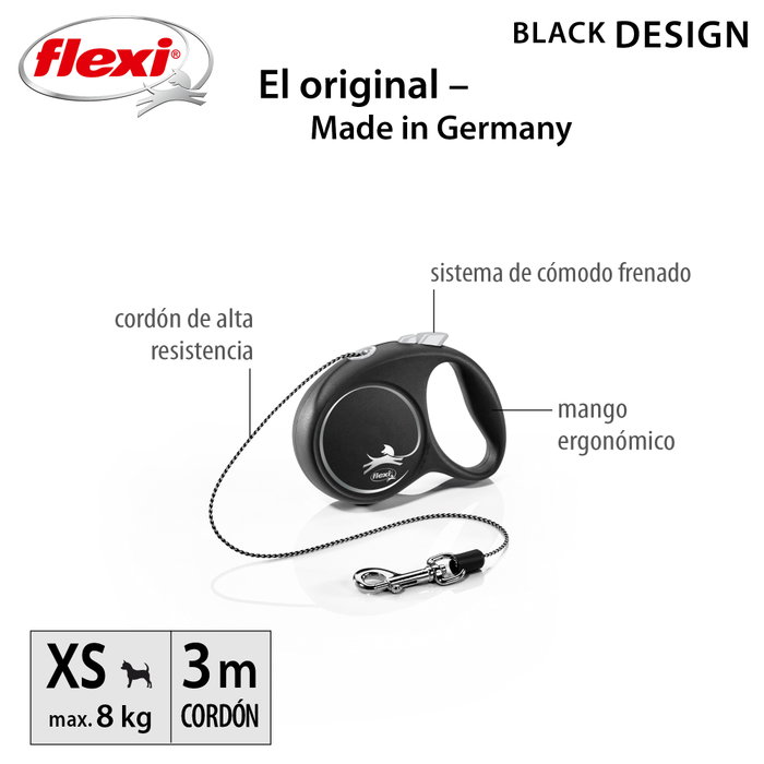 Flexi Black Design Correa Extensible de Cordón Negra, XS, 3m, hasta 8kg