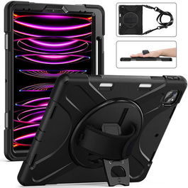 eSTUFF Funda Defender AUSTIN para iPad Pro 13 2024 sin protector de pantalla - Negra, a prueba de golpes con soporte giratorio 360°, correa de mano, protección anticaídas