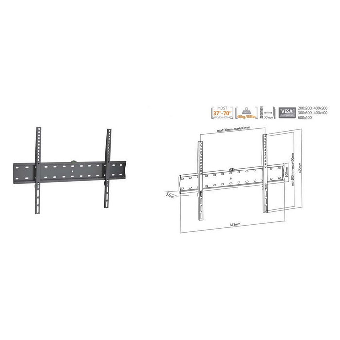 EQUIP Soporte de Pared Fijo para TV 37"-70" (94-177.8 cm) 40 Kg VESA 200x200 hasta 600x400 Negro Acero Inoxidable 1 Gango