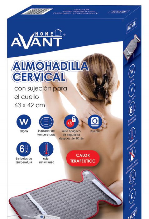 AVANT Almohadilla Eléctrica Cervical 100W, 3 Temperaturas, 63 cm x 42 cm con Sujeción para Cuello, Cómoda y Terapéutica