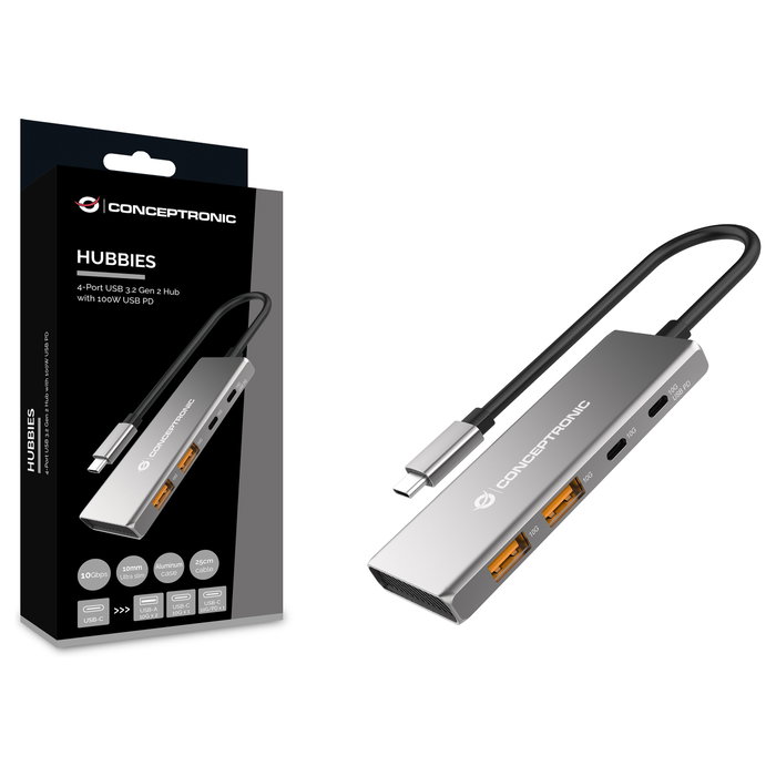 Conceptronic HUBBIES15G Hub USB 3.2 Gen 2 de 4 puertos, 10 Gbps, Gris