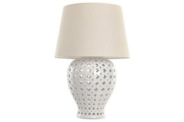 DKD Home Decor Lámpara de Sobremesa de Porcelana y Lino Blanco y Beige