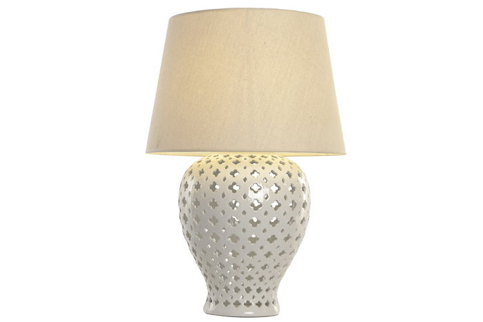 DKD Home Decor Lámpara de Sobremesa de Porcelana y Lino Blanco y Beige