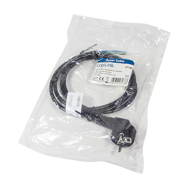 LogiLink Cable de alimentación CEE 7/7 (90°) a extremo abierto, negro, 1,5 m
