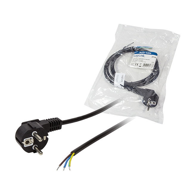LogiLink Cable de alimentación CEE 7/7 (90°) a extremo abierto, negro, 1,5 m