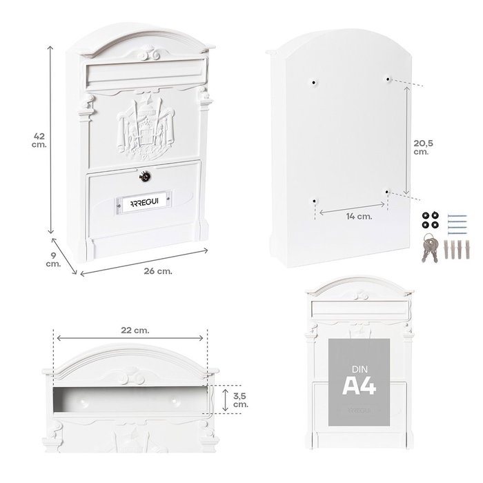 Arregui Buzón Residencia Exterior Individual, Tamaño M (A4), Aluminio y Acero, Blanco, Incluye Tarjetero y 2 Llaves, Medidas 26 x 9 x xi 42 cm