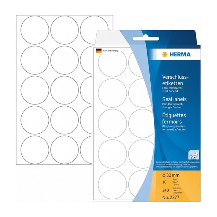 HERMA 2277 Etiquetas adhesivas transparentes extrema adherencia 32 mm Círculo 240 uds. HERMA 2277 Etiquetas adhesivas transparentes extrema adherencia 32 mm Círculo 240 uds.