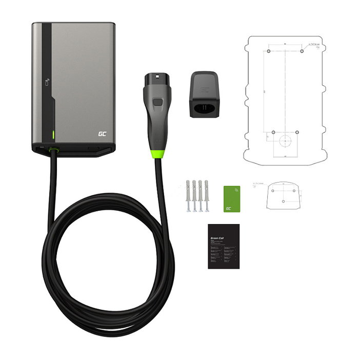 Green Cell HabuDen Wallbox 22kW 32A 5m NFC con cable Tipo 2 Green Cell HabuDen Wallbox 22kW 32A 5m NFC con cable Tipo 2