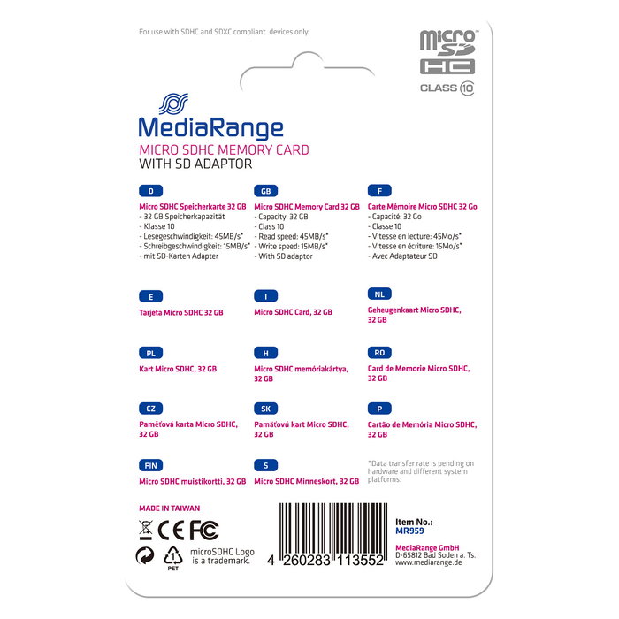 MediaRange 32GB MicroSDHC Card Clase 10 | 45 MB/s Lectura | 15 MB/s Escritura