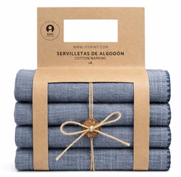 DKD Home Decor Set de 4 Servilletas de Algodón Bordadas Azul 40x40 cm