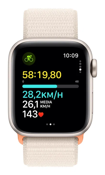 Apple Watch SE 40mm GPS - Reloj Inteligente con Pantalla OLED Táctil, Caja de Aluminio Starlight y Correa Deportiva Starlight, 32GB, WiFi, watchOS 9, Resistente al Agua