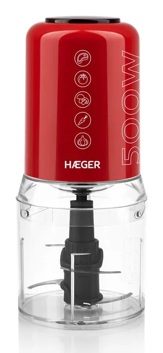 Haeger Chop Master Picadora de Alimentos, 500 W, 2 Velocidades, 4 Cuchillas Acero Inoxidable, Vaso de Cristal 0,5 L (500 ml), Color Rojo