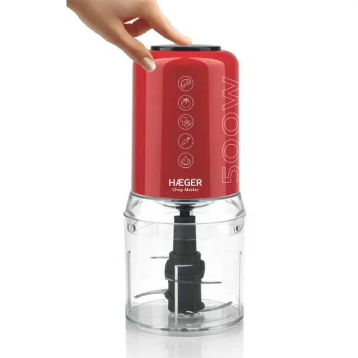 Haeger Chop Master Picadora de Alimentos, 500 W, 2 Velocidades, 4 Cuchillas Acero Inoxidable, Vaso de Cristal 0,5 L (500 ml), Color Rojo