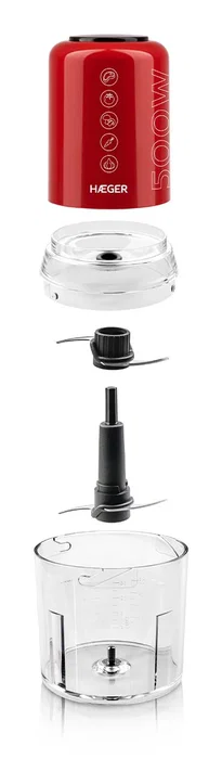 Haeger Chop Master Picadora de Alimentos, 500 W, 2 Velocidades, 4 Cuchillas Acero Inoxidable, Vaso de Cristal 0,5 L (500 ml), Color Rojo