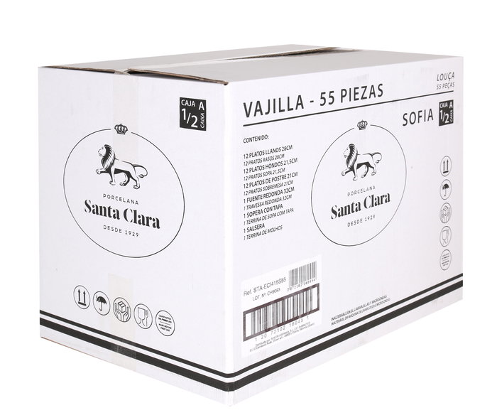 Santa Clara Vajilla Sofia 55 Piezas en Porcelana Blanca, Resistente al Lavavajillas y Microondas