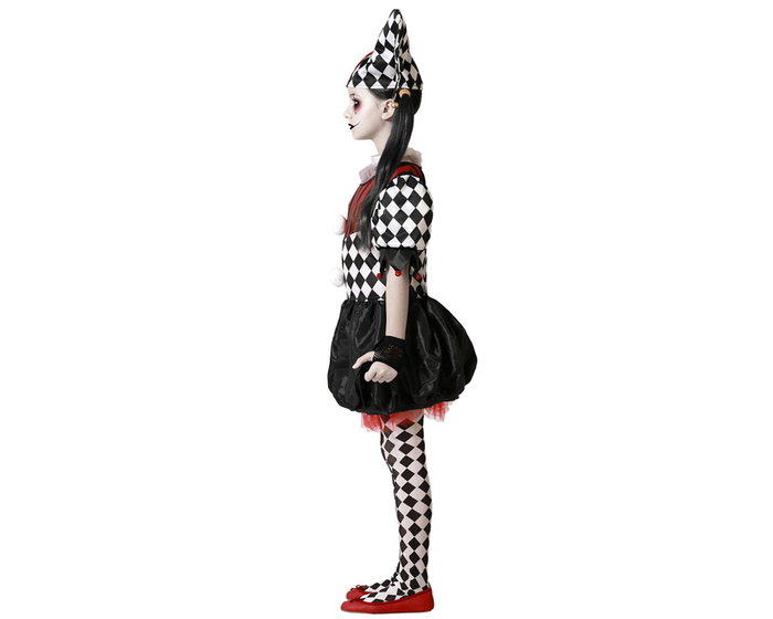 Disfraz Arlequina Niña Vestido Gorro Cuadros Rayas Rojo Negro 5-6 Años