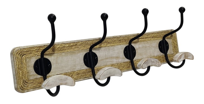 DKD Home Decor Perchero de Pared Mango y Cuerda con 4 Ganchos