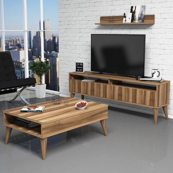 Hanah Home Conjunto Muebles Salón Escandinavo Color Nogal con Mueble TV Estante y Mesa Centro