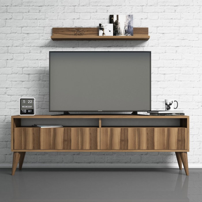 Hanah Home Conjunto Muebles Salón Escandinavo Color Nogal con Mueble TV Estante y Mesa Centro