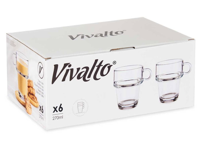 Vivalto Taza de Vidrio Apilable, 270 ml, Transparente, Apta Lavavajillas, Dimensiones 11x9.3x8 cm (Set de 24) Vivalto Taza de Vidrio Apilable, 270 ml, Transparente, Apta Lavavajillas, Dimensiones 11x9.3x8 cm (Set de 24)