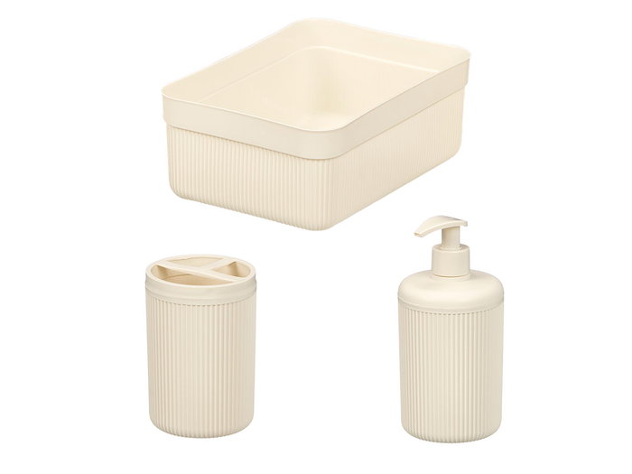BERILO Set de Dispensador, Vaso y Bandeja con Rayas Blanco BERILO Set de Dispensador, Vaso y Bandeja con Rayas Blanco