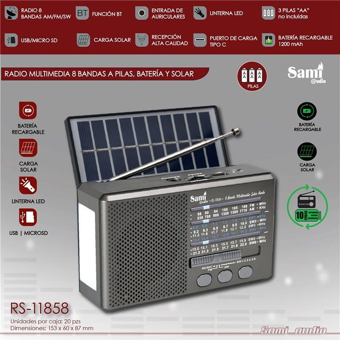 SAMI Radio Multimedia con 8 Bandas, Funciona con Batería/Solar/Pila, Incluye Li, Radio SAMI Multibanda Portátil con Múltiples Fuentes de Energía
