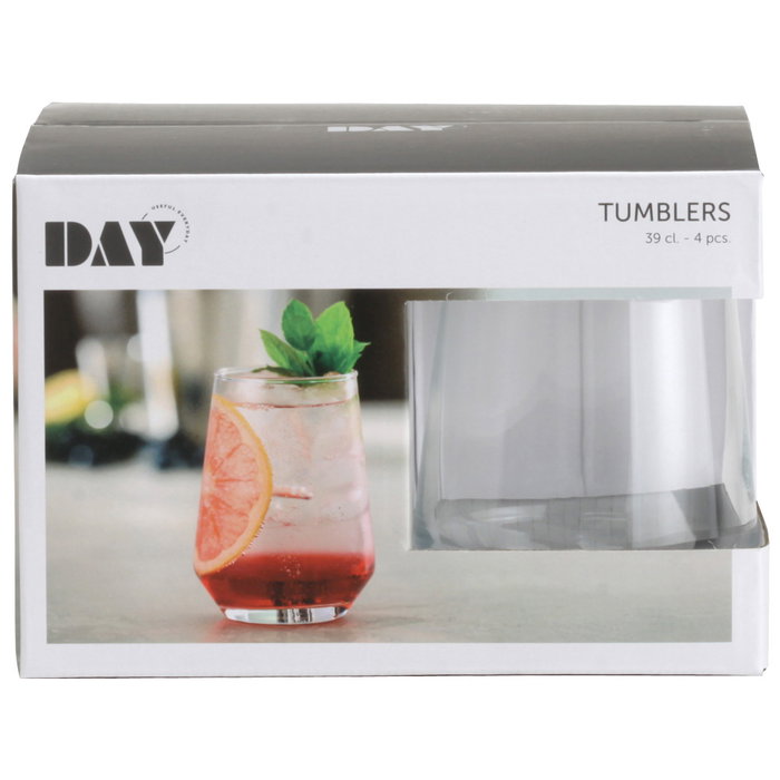 Day Vasos de Vidrio Transparente 390 ml - Juego de 4 Vasos - Apto Lavavajillas