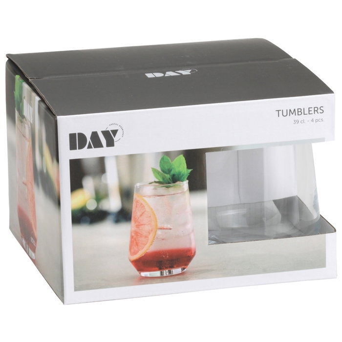 Day Vasos de Vidrio Transparente 390 ml - Juego de 4 Vasos - Apto Lavavajillas