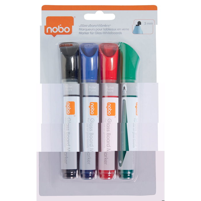NOBO Pack de 4 Rotuladores para Pizarra de Cristal de Tinta Líquida NOBO Pack de 4 Rotuladores para Pizarra de Cristal de Tinta Líquida