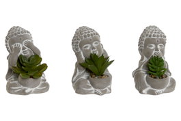 DKD Home Decor Surtido de 3 Plantas de Cemento Buddha 8,5x7x11 cm Gris y Verde
