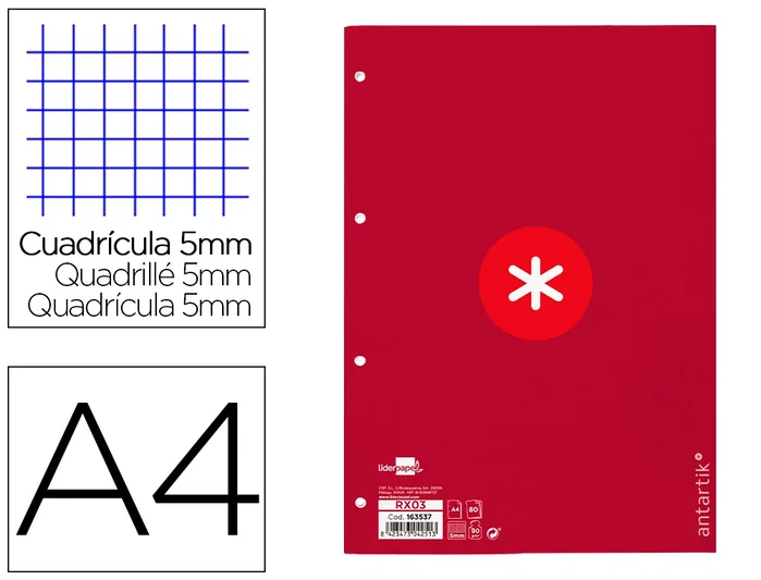 Antartik Recambio A4 80 Hojas 90gr Cuadro 5mm 4 Taladros Banda Marco Color Frambuesa Antartik Recambio A4 80 Hojas 90gr Cuadro 5mm 4 Taladros Banda Marco Color Frambuesa